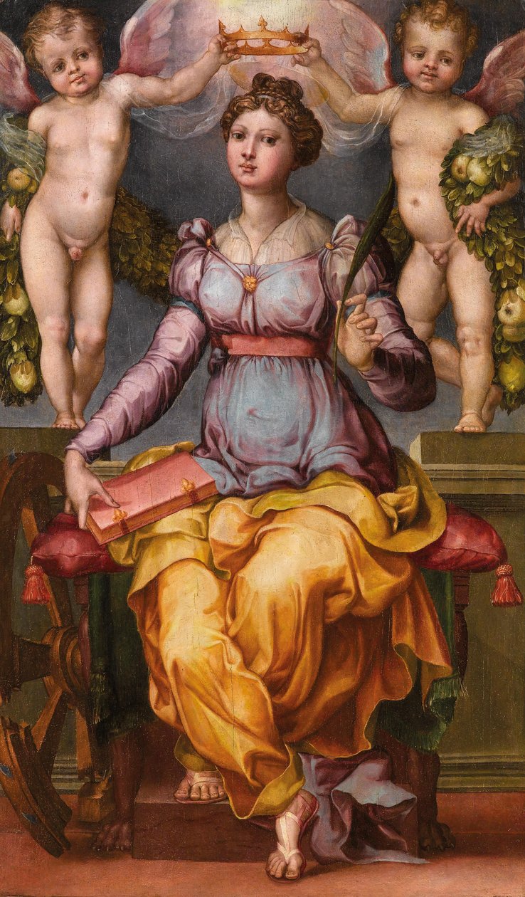 De heilige Catharina van Alexandrië gekroond door twee engelen door Raffaellino dal Colle