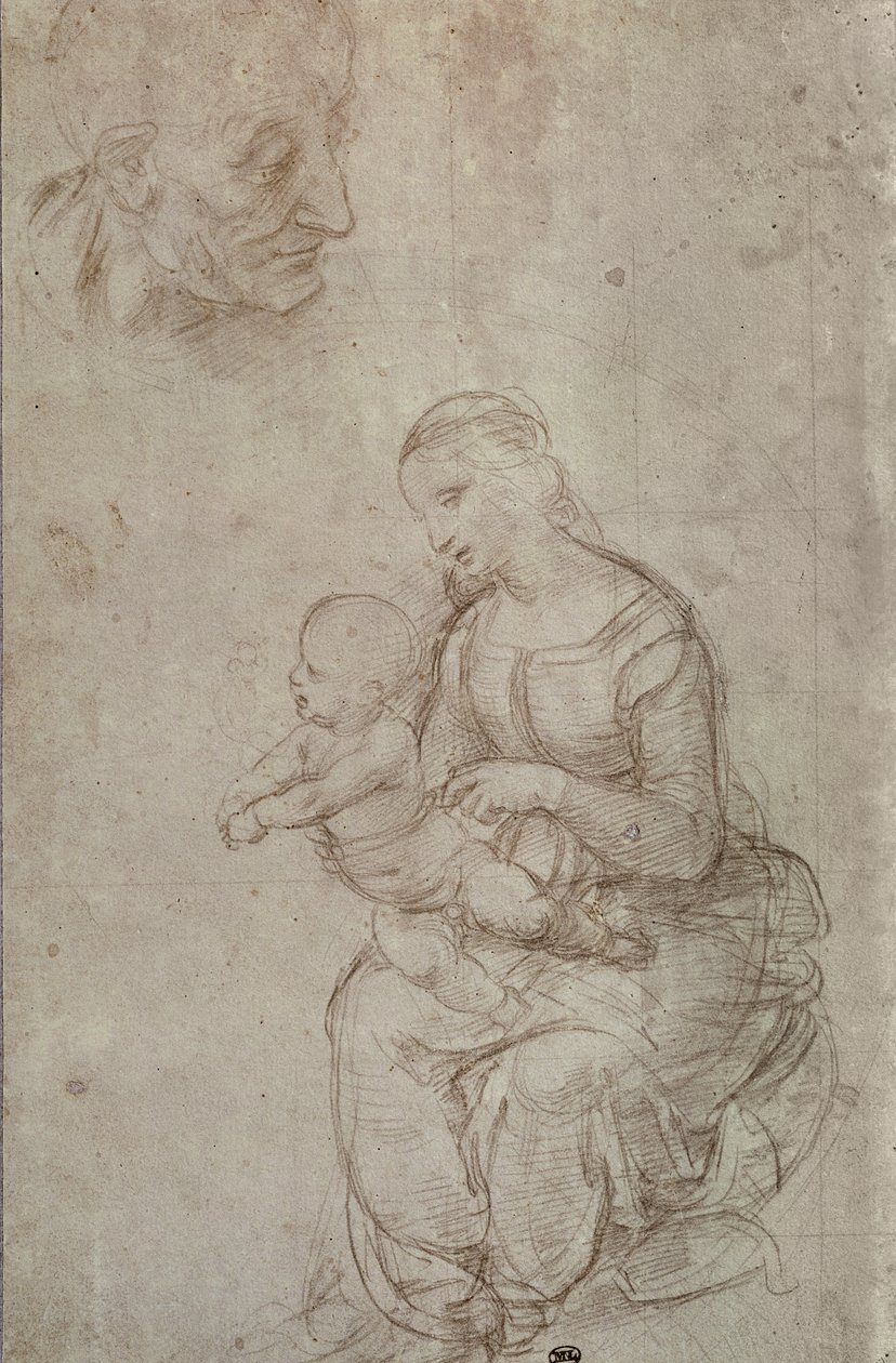 Madonna en kind en hoofd van een oude man (metaalpunt op geprepareerd lichtroze papier) door Raffaello Sanzio Raphael