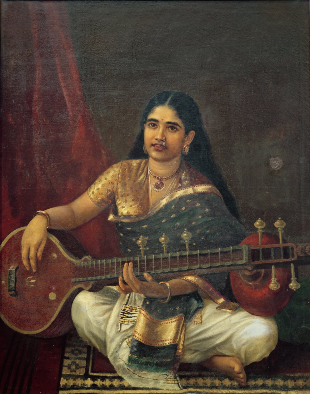 Jonge vrouw met een veena door Raja Ravi Varma