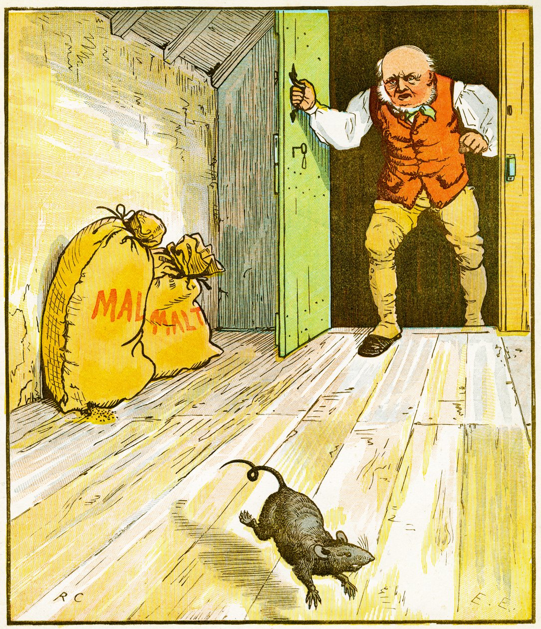 Dit is de rat die het mout at, dat lag in het huis dat Jack bouwde, illustratie voor Het Huis dat Jack Bouwde, 1887 door Randolph Caldecott