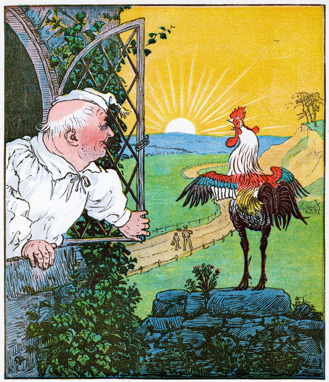 Dit is de haan die kraaide in de ochtend, die de rechter wakker maakte, geheel geschoren, illustratie uit Het Huis dat Jack Bouwde, 1896 door Randolph Caldecott
