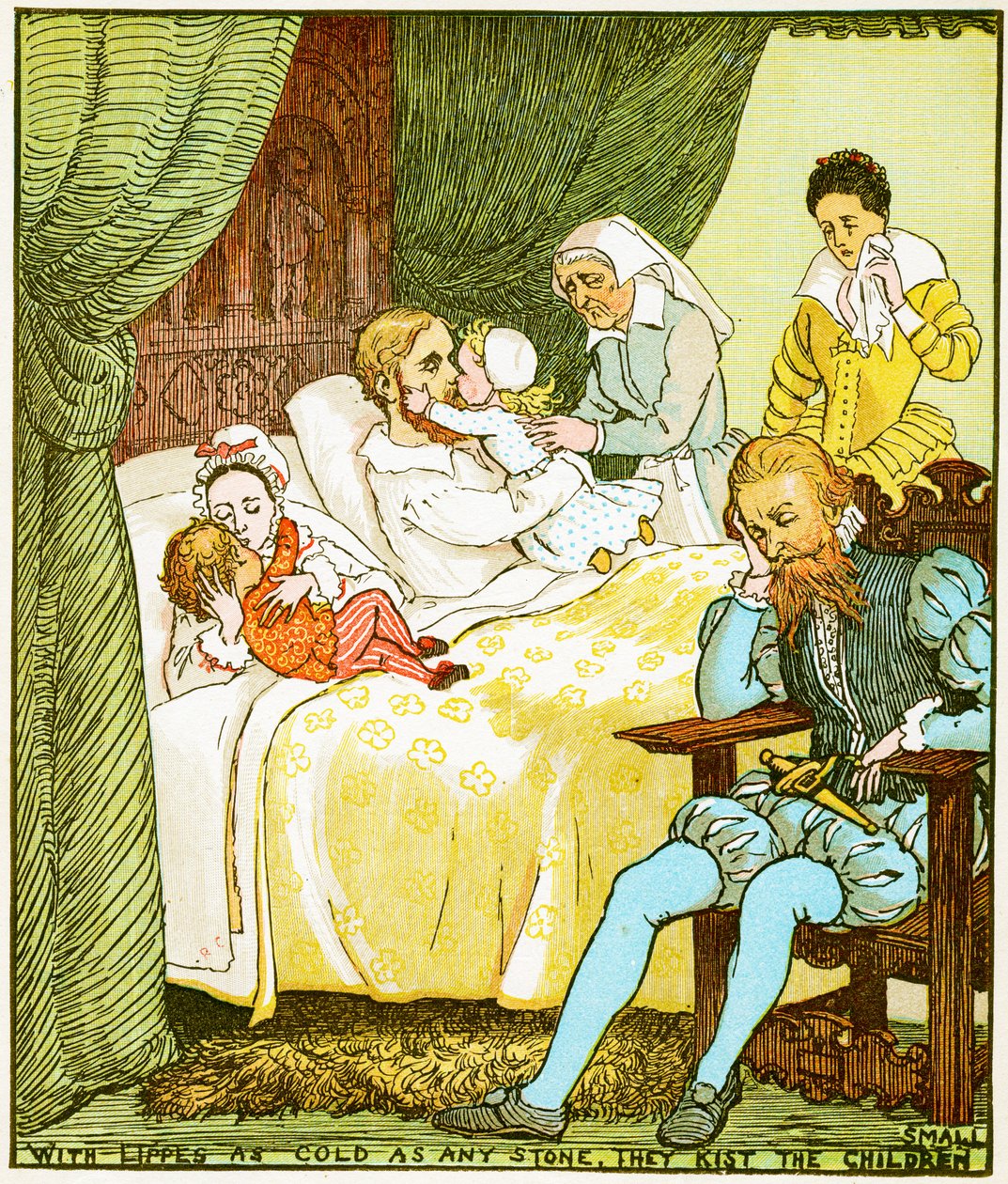 Met lippen zo koud als steen, kussen ze de kleine kinderen, illustratie voor Kinderen in het bos, 1885 door Randolph Caldecott