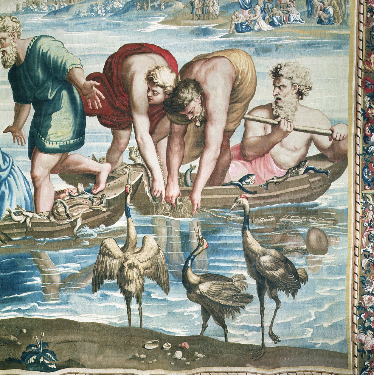 Wandtapijt met de Handelingen van de Apostelen, de wonderbaarlijke visvangst (detail) door Raffaello Sanzio Raphael