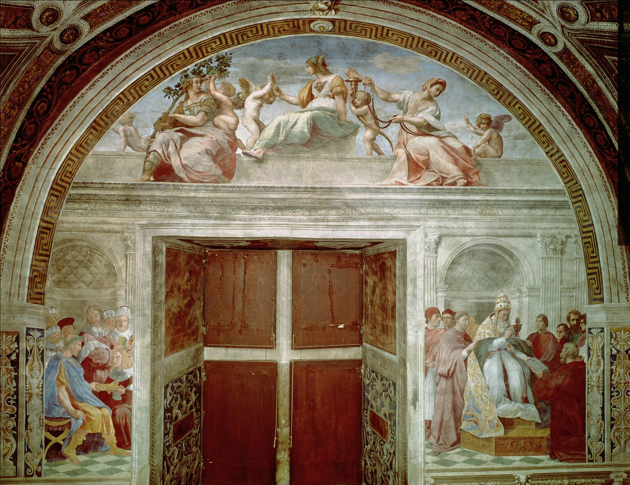 De gerechtelijke deugden: Paus Gregorius IX keurt de Vaticaanse Decretalen goed; Justinianus overhandigt de Pandecten aan Trebonianus door Raffaello Sanzio Raphael