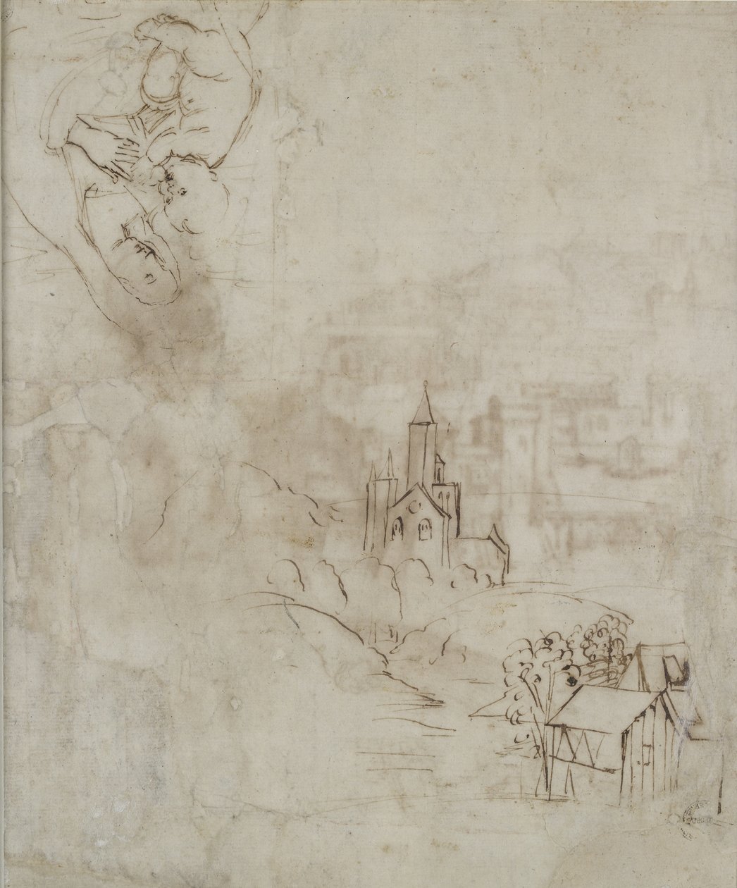 Verso: Lichte schets van de Maagd die het Christuskind voedt, en een andere van een landschap voor de Pala Colonna, WA1846.10 door Raffaello Sanzio Raphael