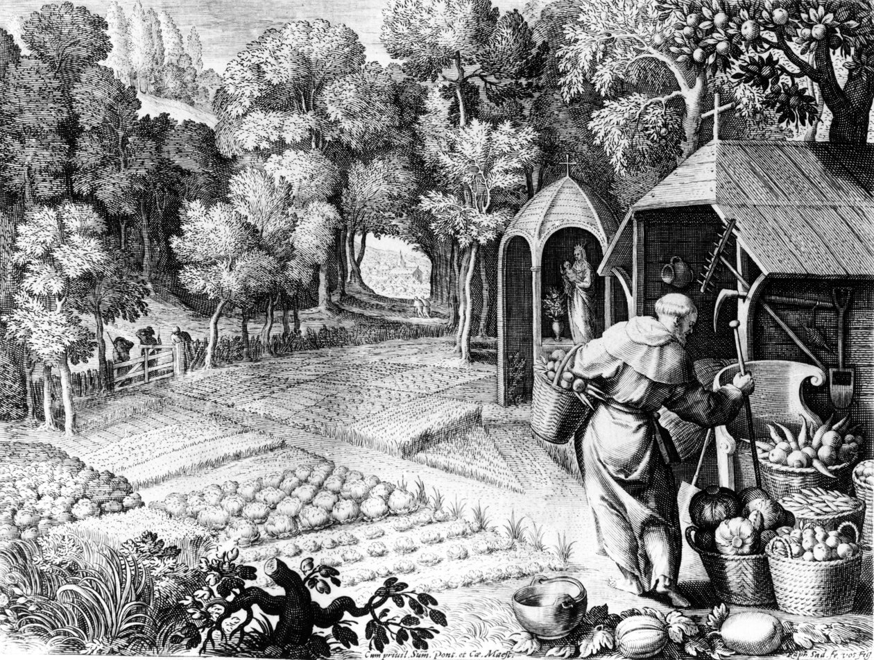 Sint Fiacre in zijn tuin, ca. 1580-1620 door Raphael I Sadeler