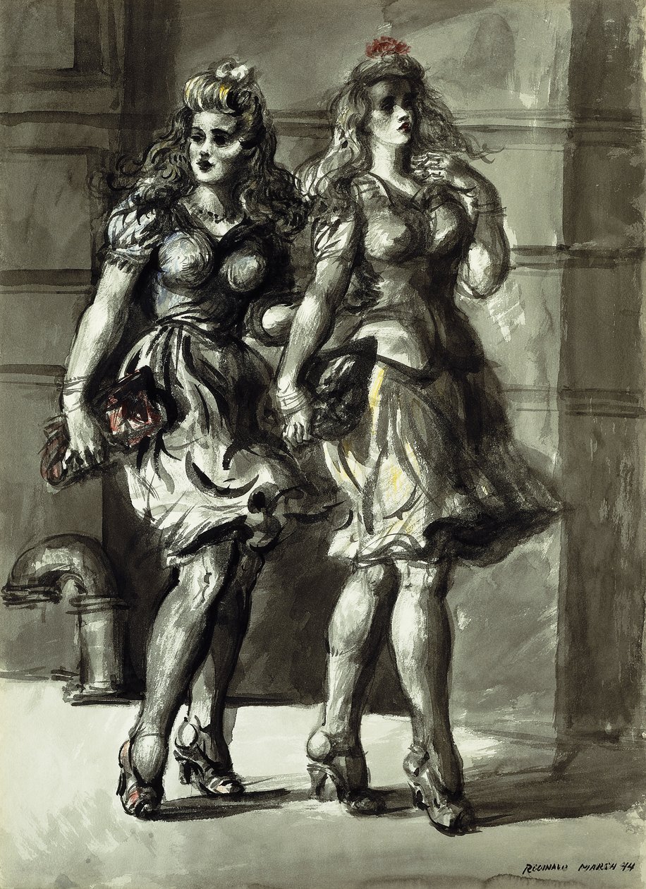 Twee wandelende jonge vrouwen door Reginald Marsh