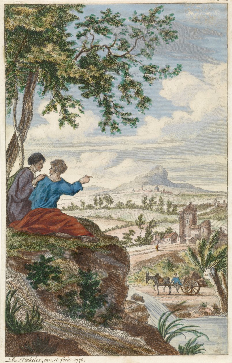 Figuren kijken uit over een landschap door Reinier Vinkeles (I)