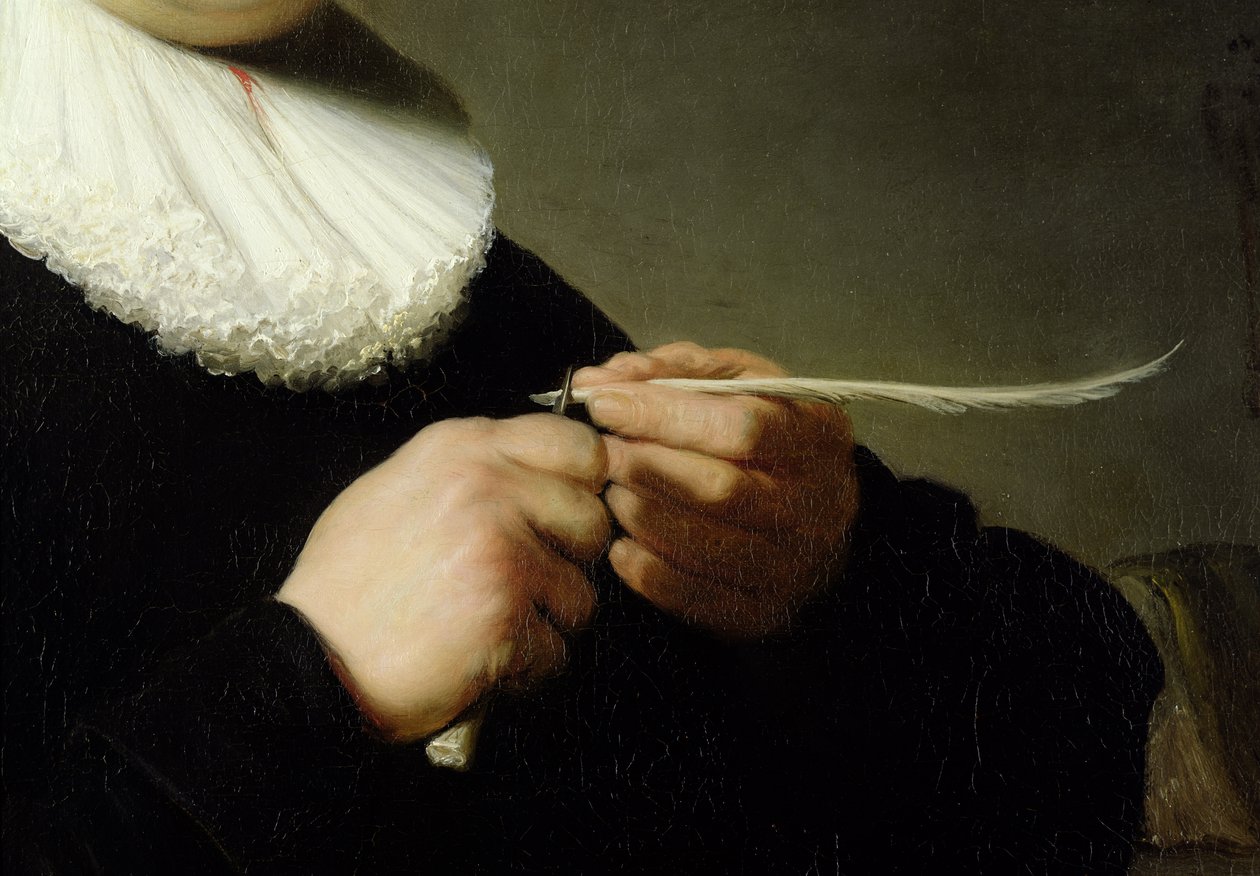 Man die een pen scherpt (detail) door Rembrandt van Rijn