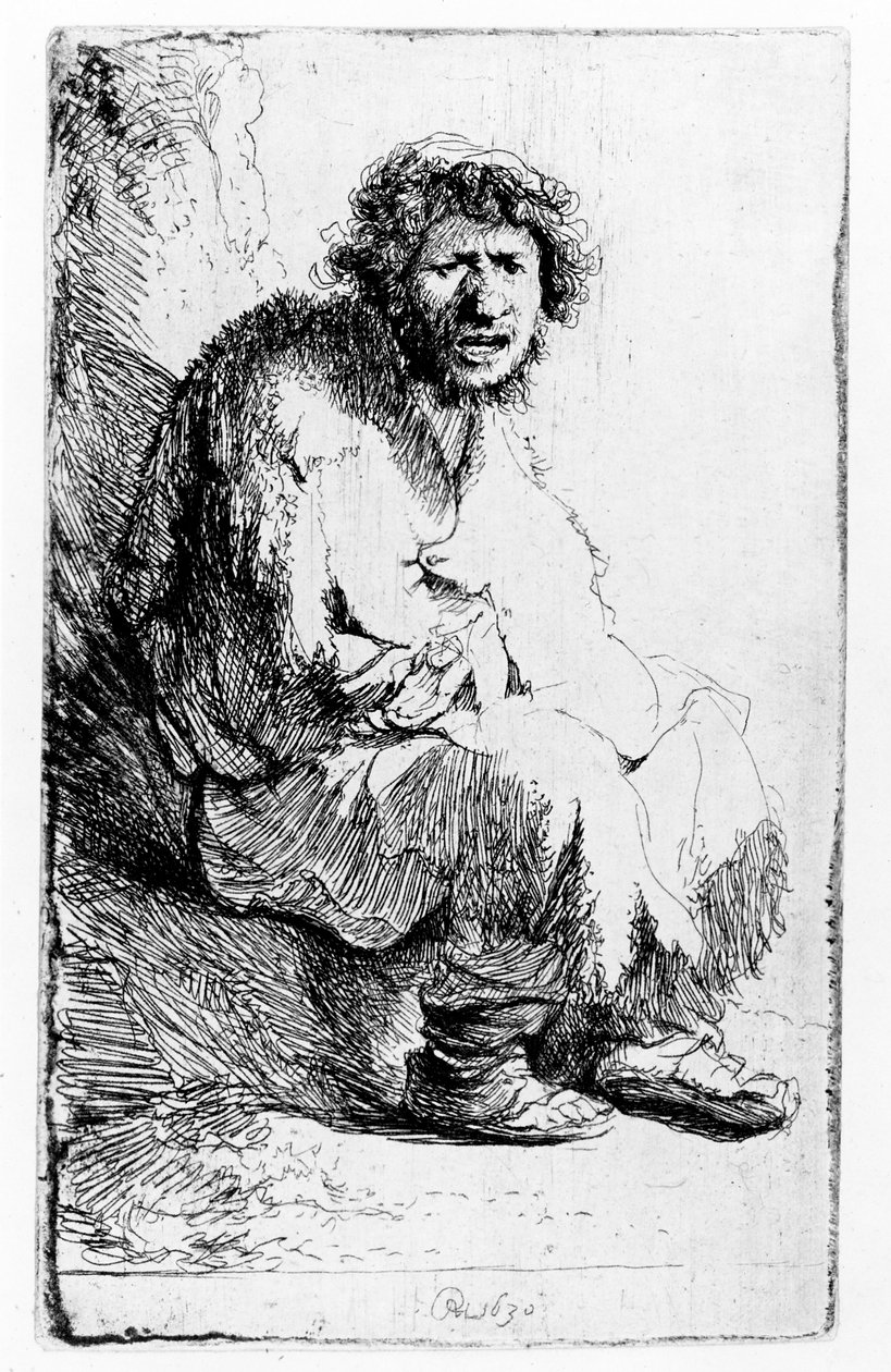 Bedelaar zittend op een oever, 1630 door Rembrandt van Rijn