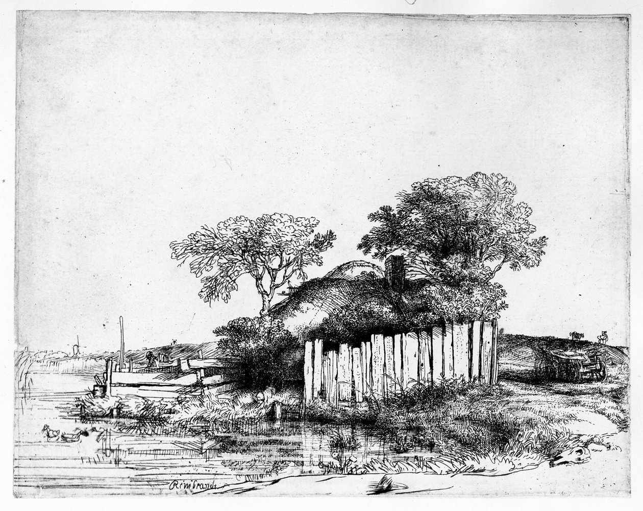 Cottage met een witte omheining, 1648 door Rembrandt van Rijn