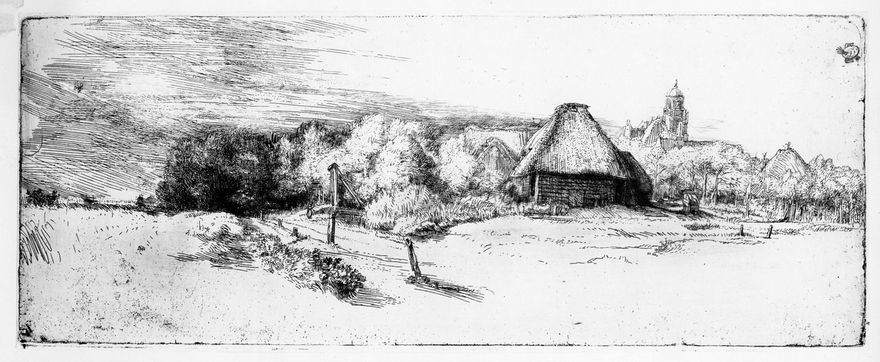 Landschap met een toren, ca.1651 door Rembrandt van Rijn