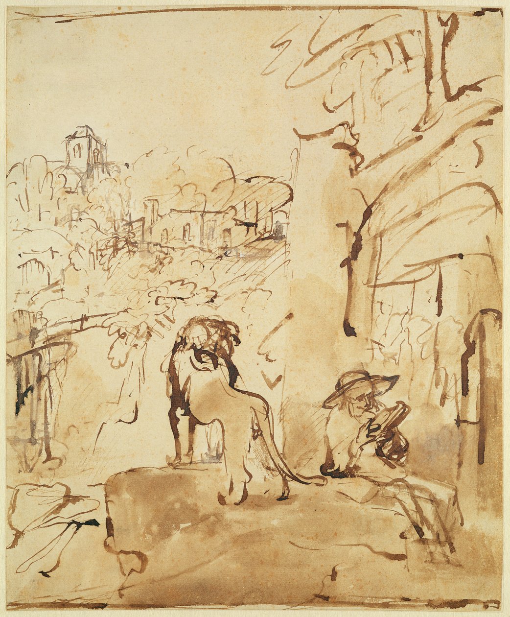 St. Hiëronymus lezend in een landschap door Rembrandt van Rijn
