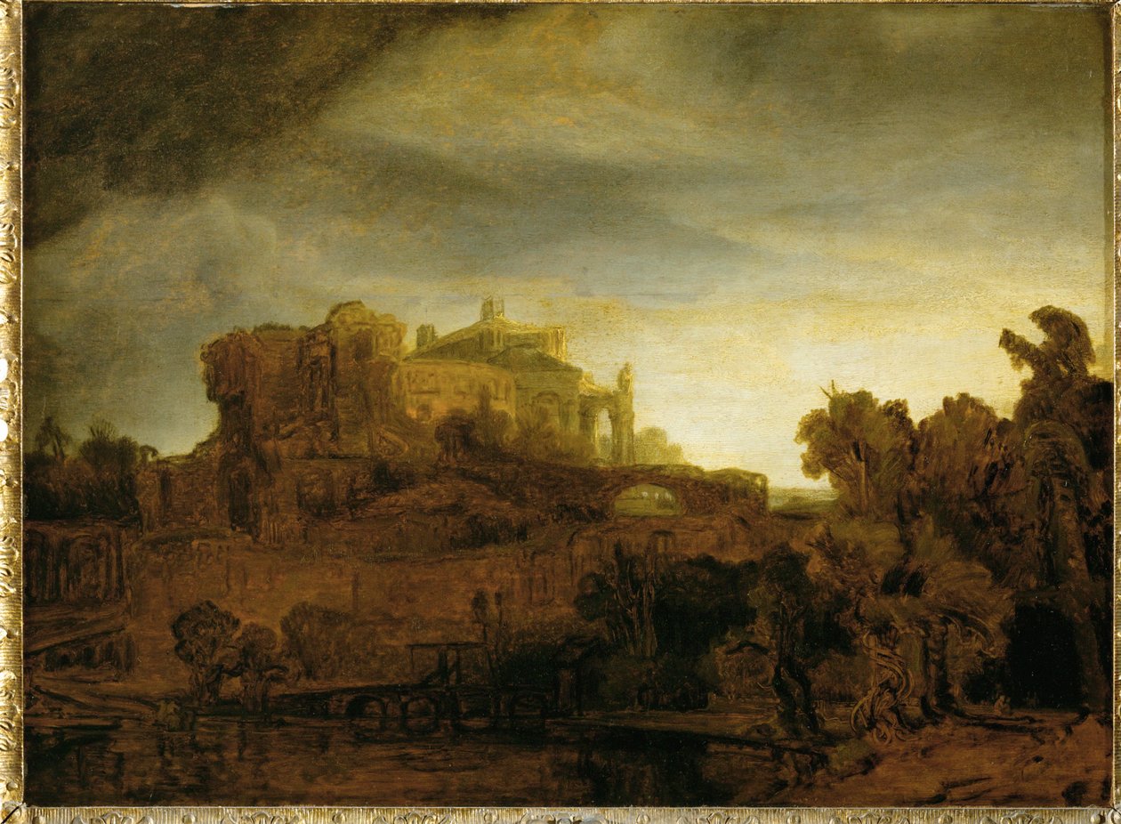 Kasteel in de schemering ... door Rembrandt Harmensz. van Rijn