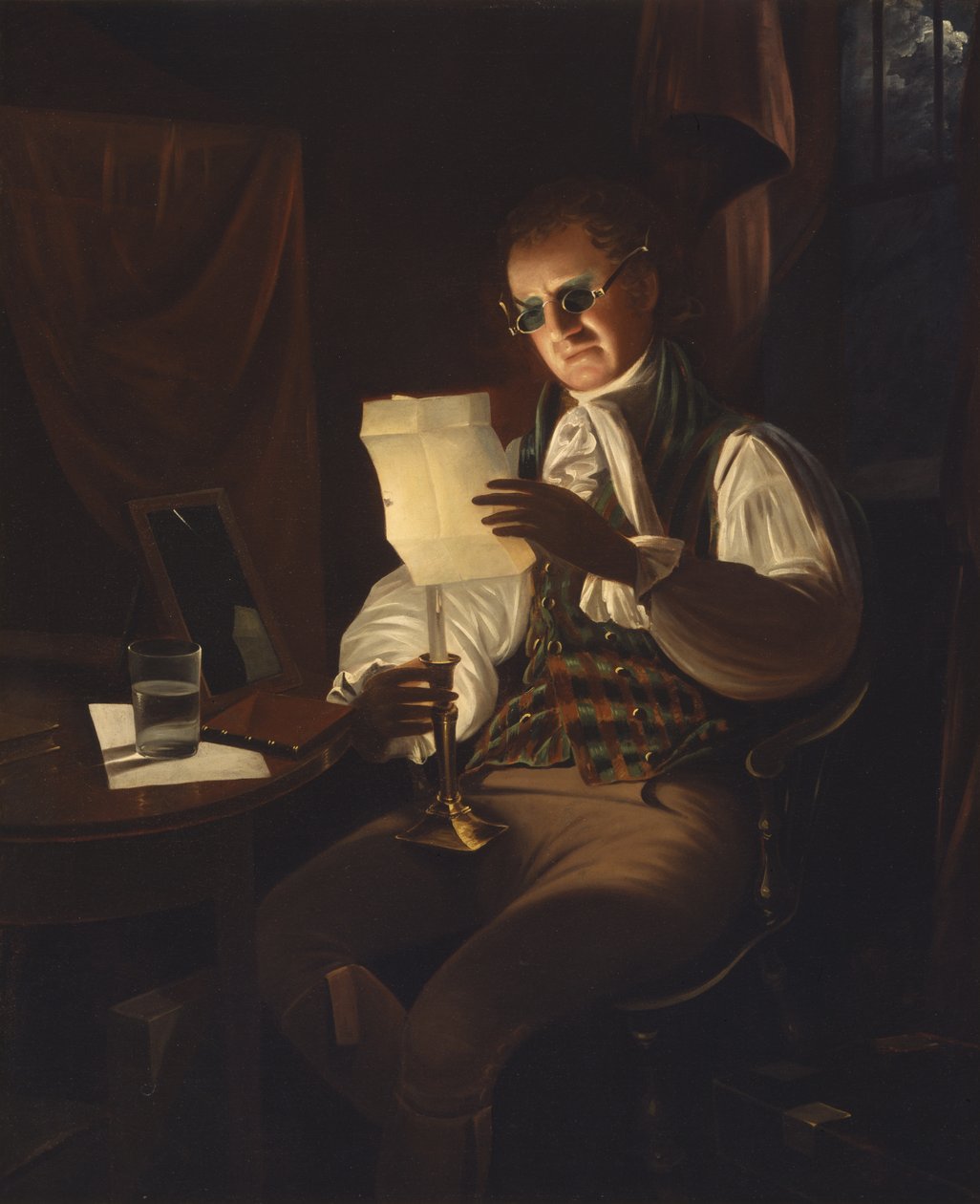Man die leest bij kaarslicht door Rembrandt Peale