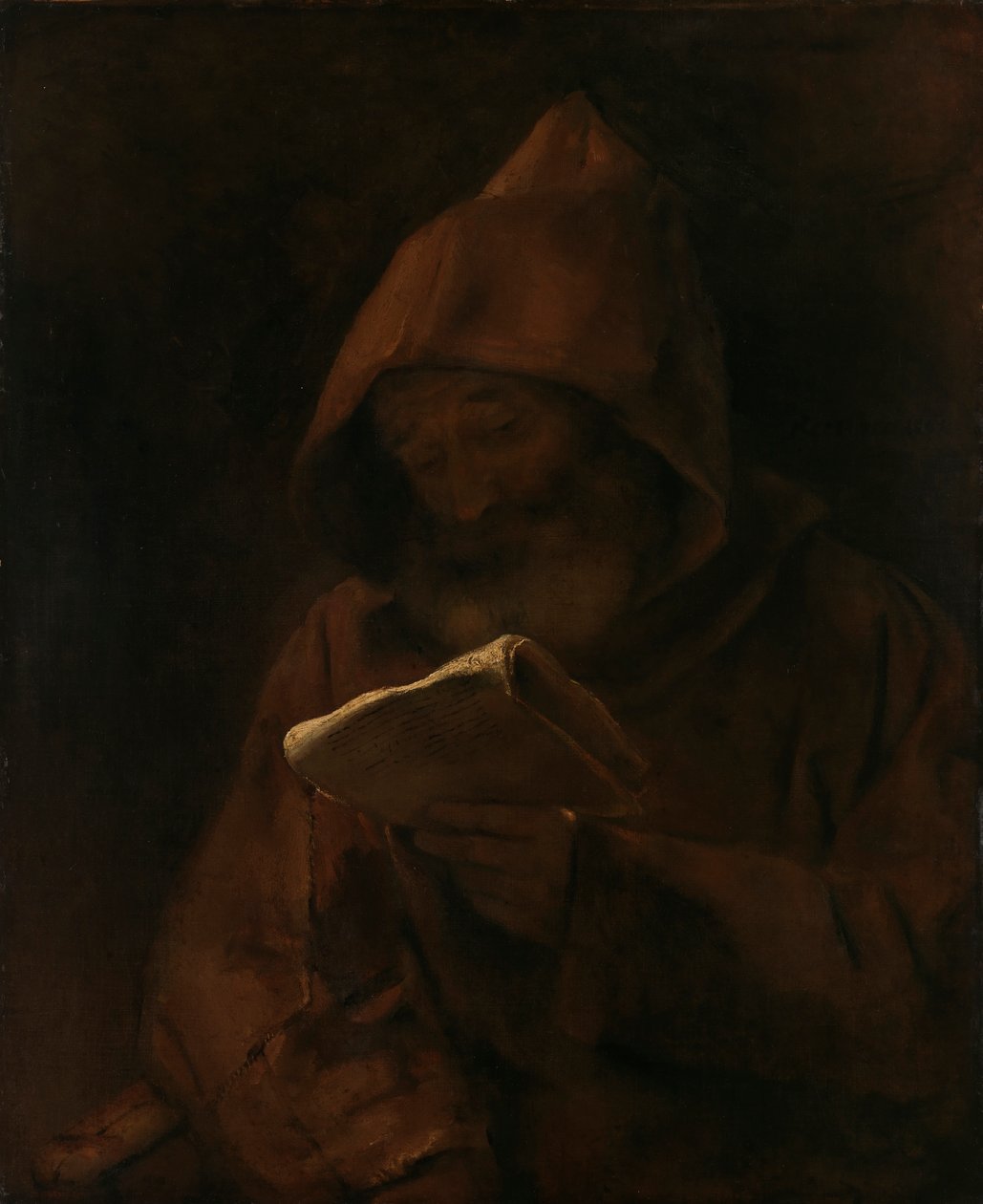 Een Monnik die Leest door Rembrandt van Rijn