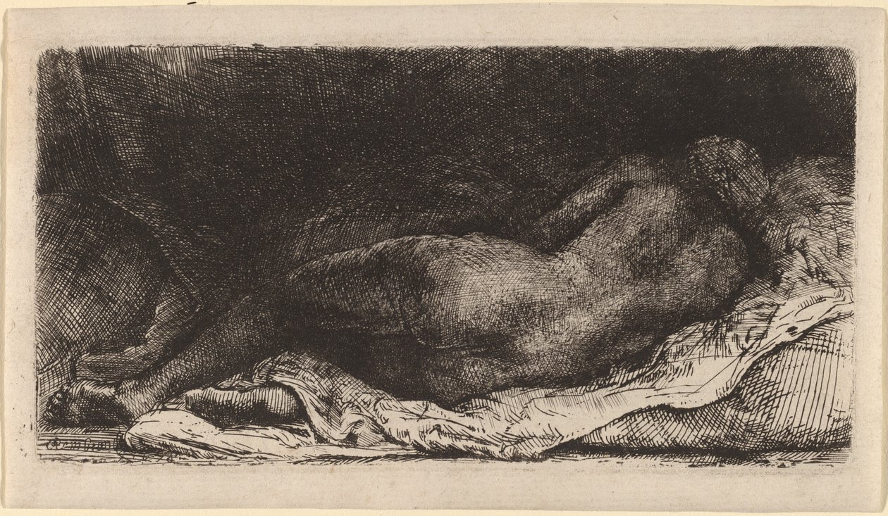 Zwarte vrouw liggend door Rembrandt van Rijn
