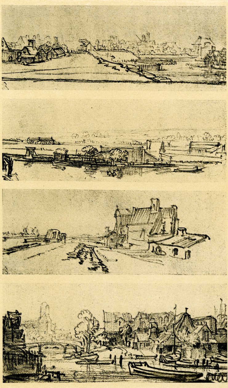 Vier landschapsstudies door Rembrandt van Rijn