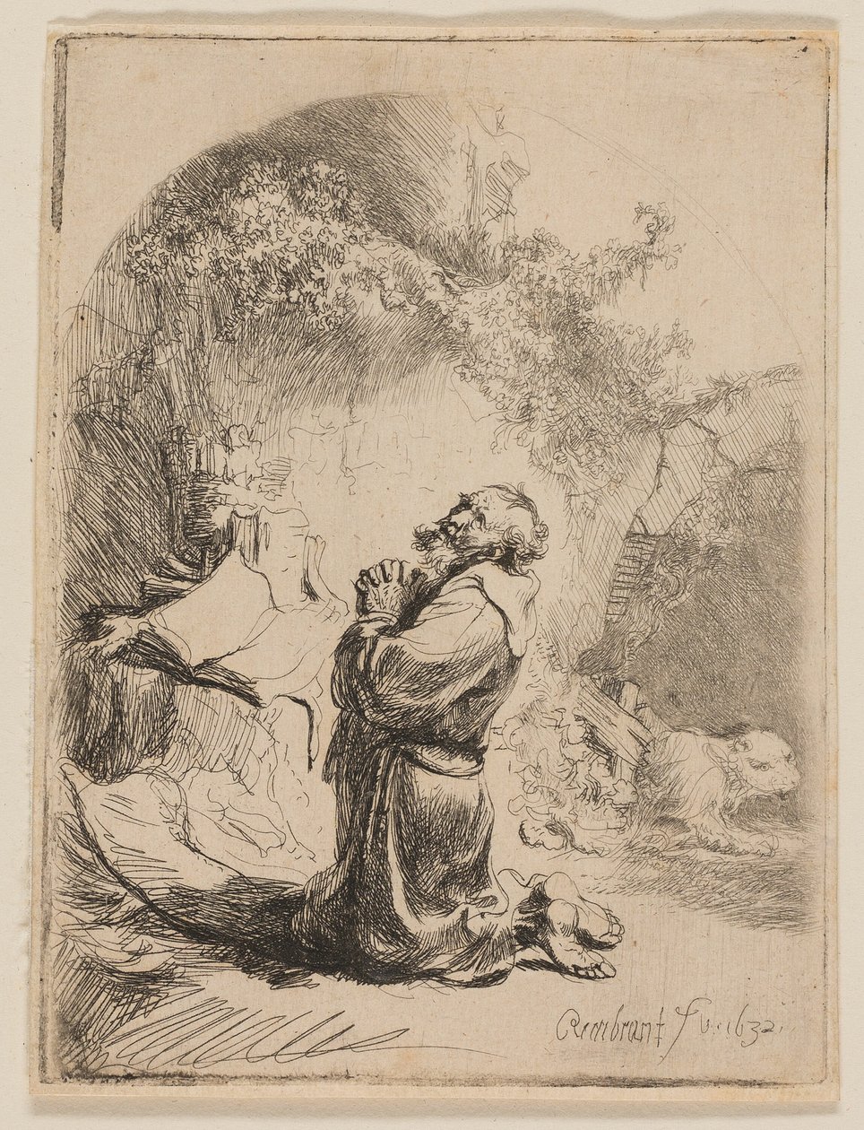 Sint Hiëronymus biddend: gebogen door Rembrandt van Rijn