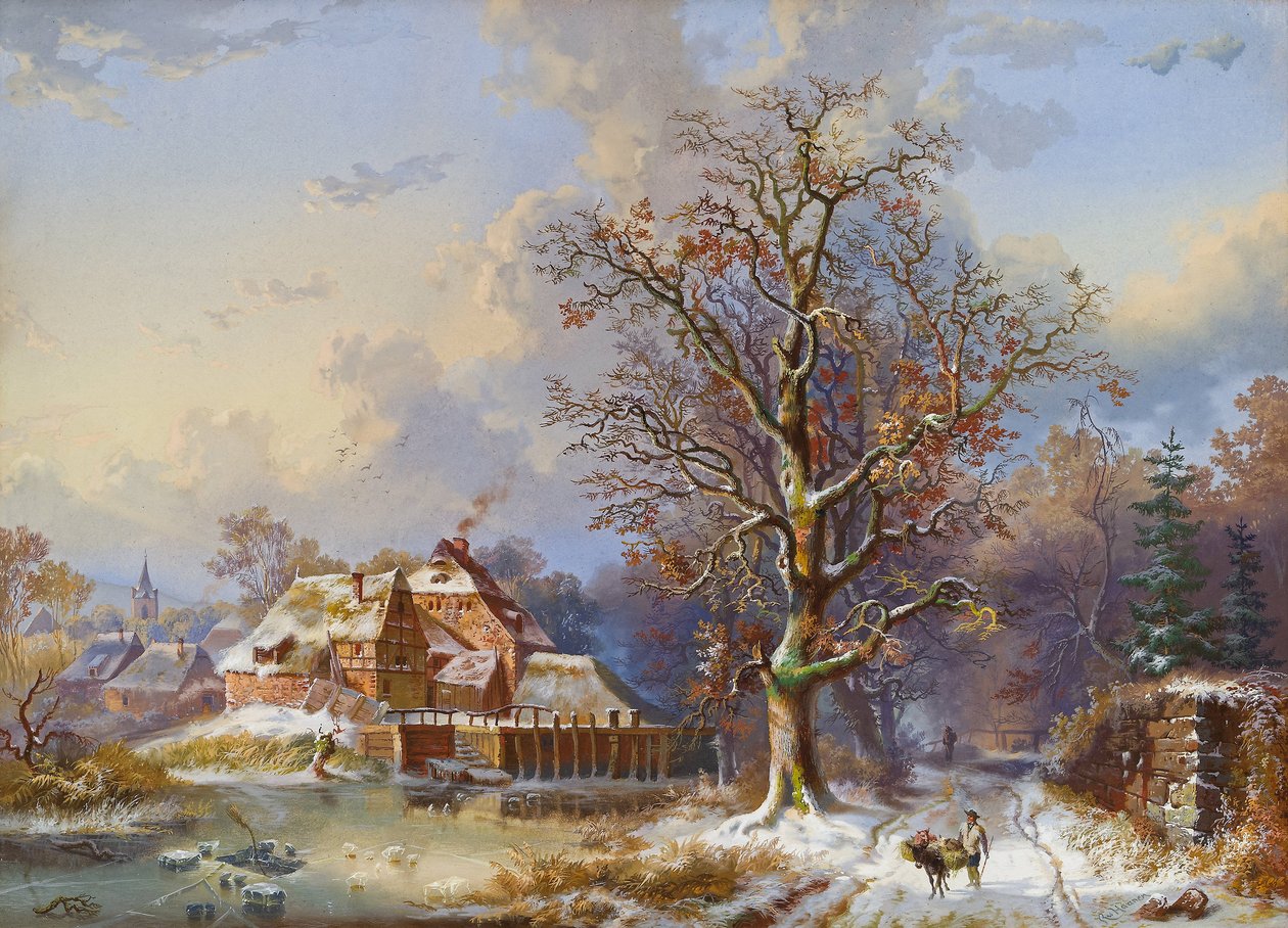 Dorp in de winter door Remigius Adrianus Haanen