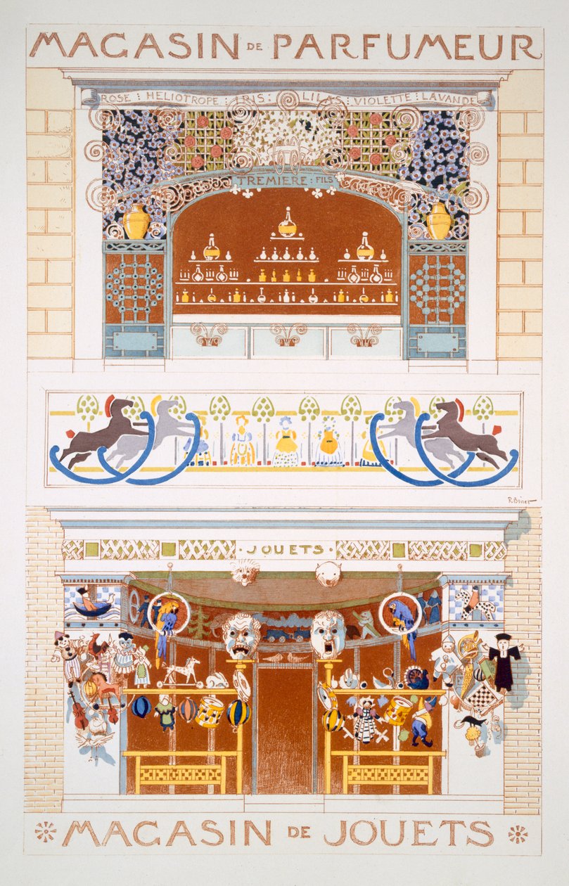 Twee winkelontwerpen: een parfumerie en een speelgoedwinkel, c.1880-95 door Rene Binet