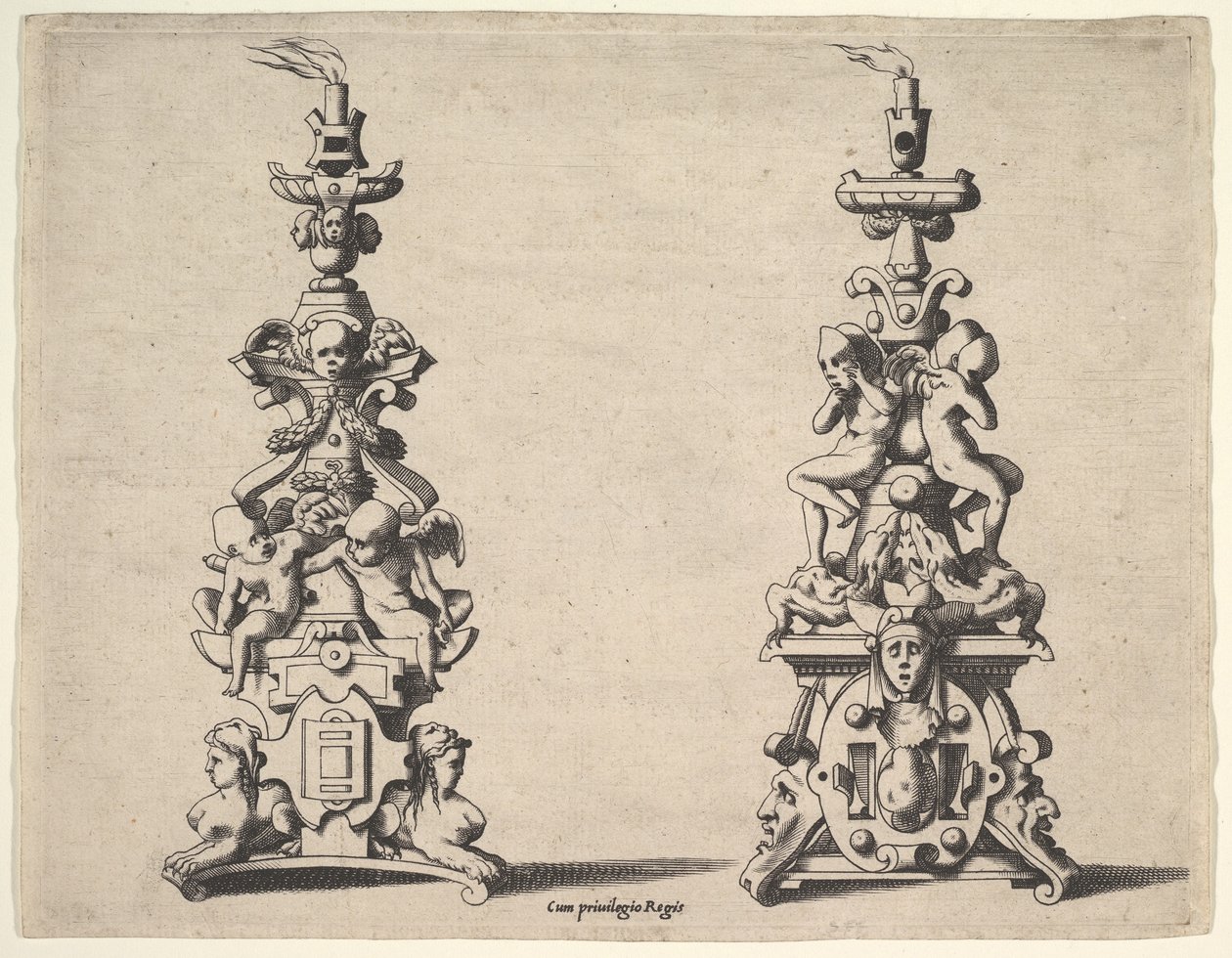 Twee kandelaars ontwerpen, ca. 1550-60 door Rene Boyvin
