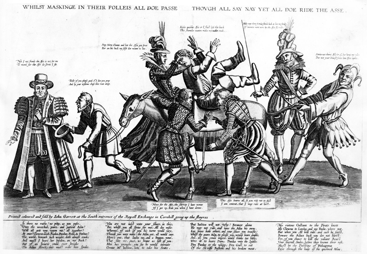 Terwijl ze maskeren in hun dwaasheden, passeren ze allemaal, hoewel iedereen nee zegt, rijdt iedereen de ezel, 1607 door Renold Elstrack