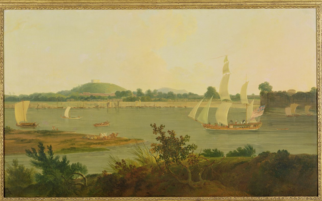 Pinas zeilt de Ganges af langs het fort van Monghyr, ca. 1791 door Rev. Edward Thomas Daniell