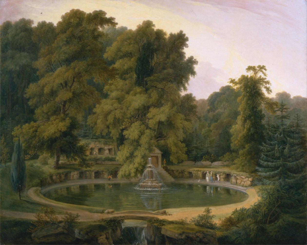 Tempel, fontein en grot in Sezincote Park door Rev. Edward Thomas Daniell