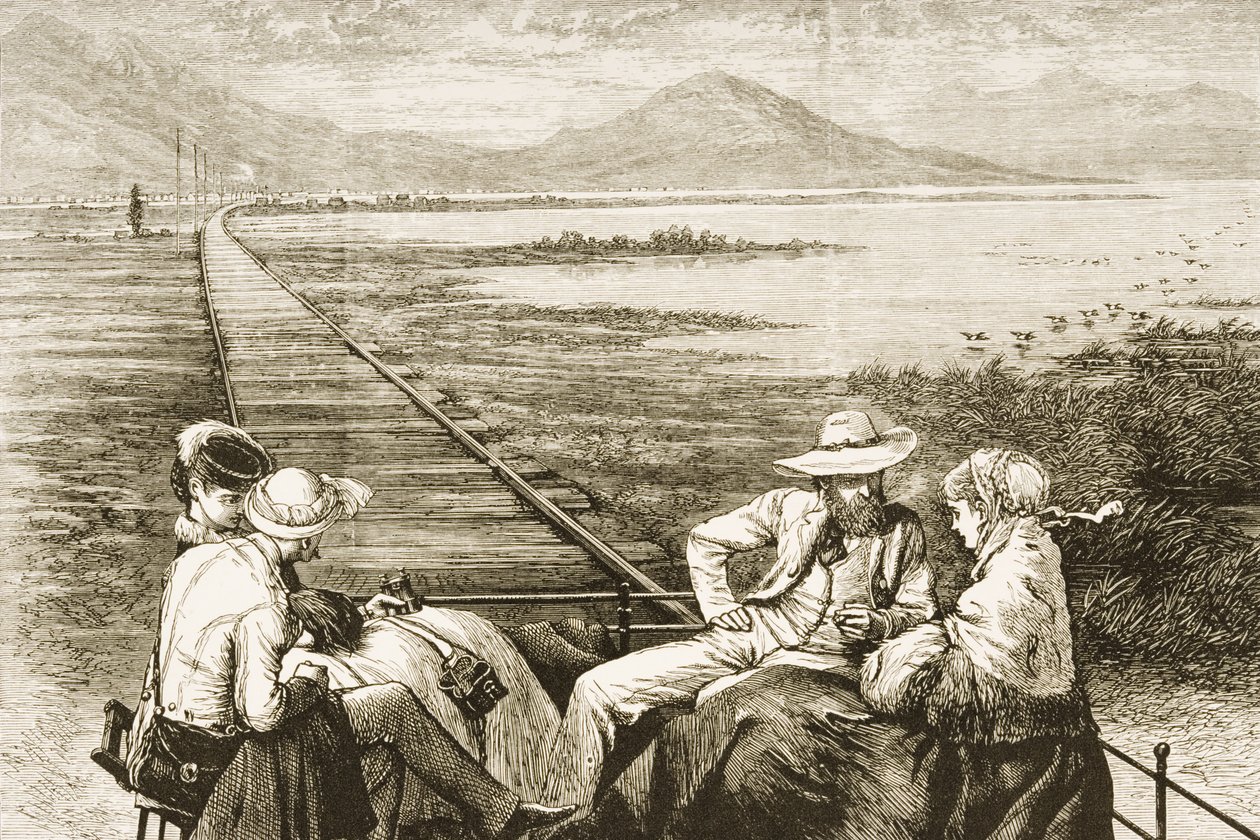 Een inspectiewagen op de Pacific Railway nadert het Grote Zoutmeer, ca. 1880 door Reverend Samuel Manning