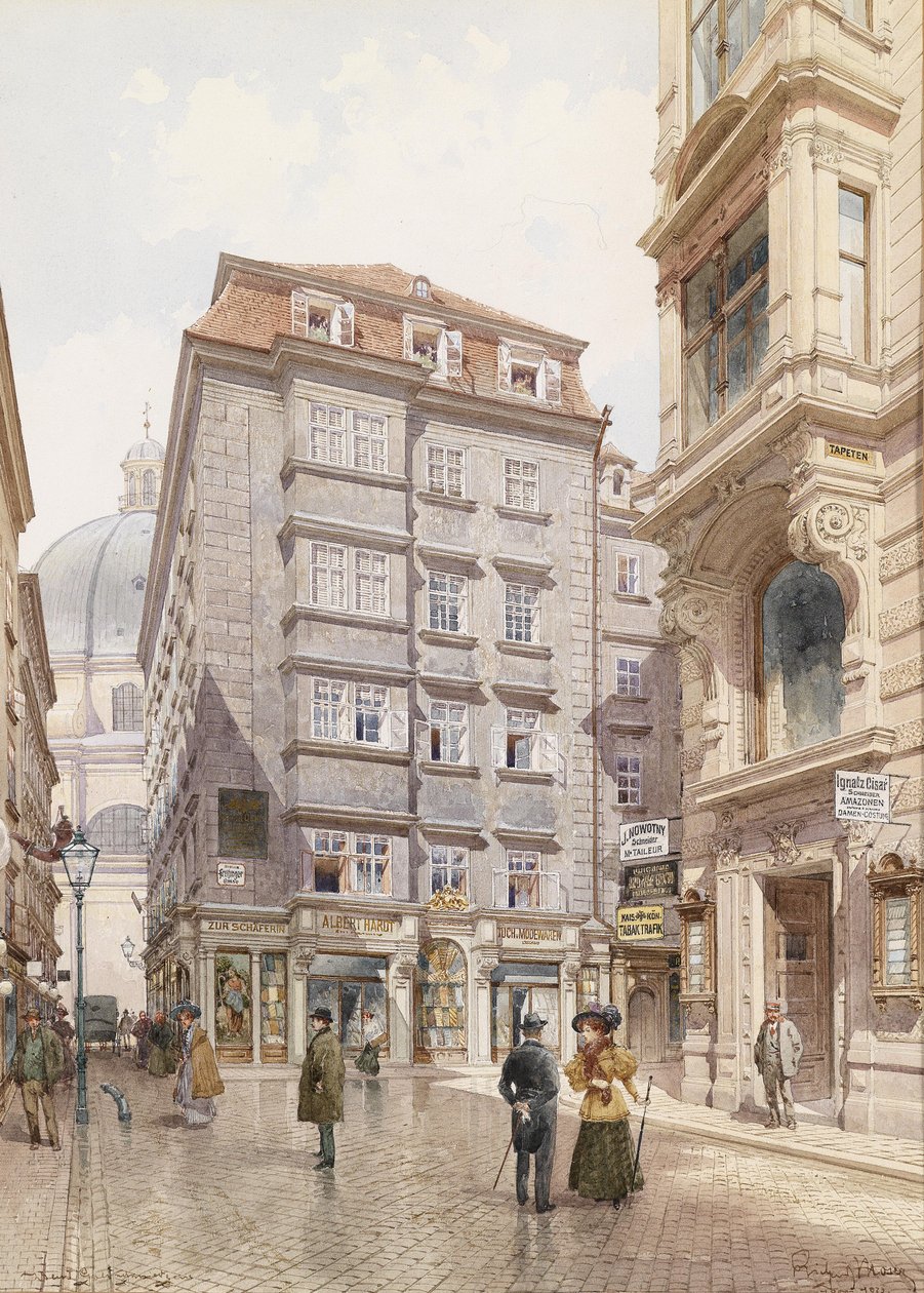 De stoffenwinkel Albert Hardt in de Freisingergasse, achter de Peterskirche door Richard Moser