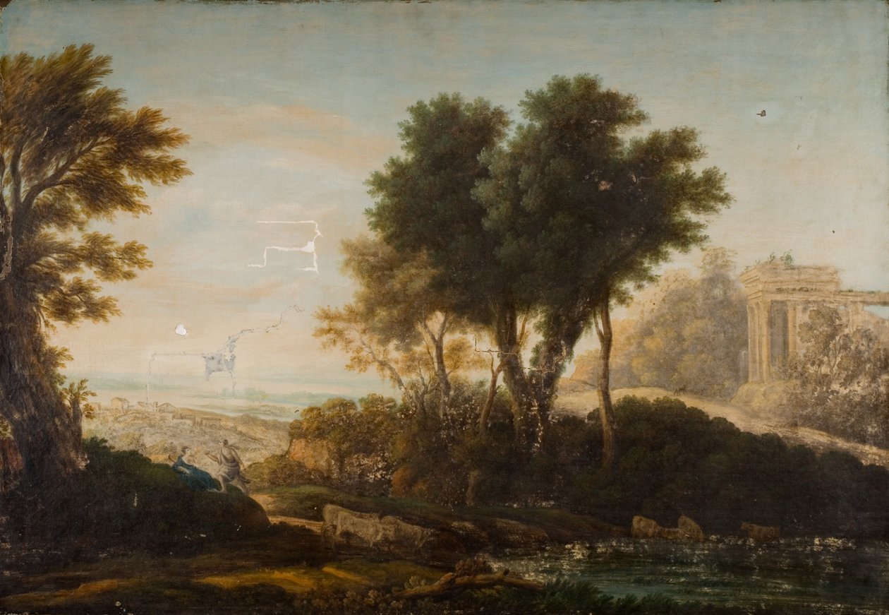 Het meer van Nemi of Speculum Dianae met Dolbadarn Castle door Richard Wilson