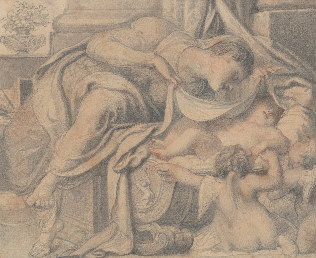 Maagd die de slapende Christus aanbidt door Richard Cosway