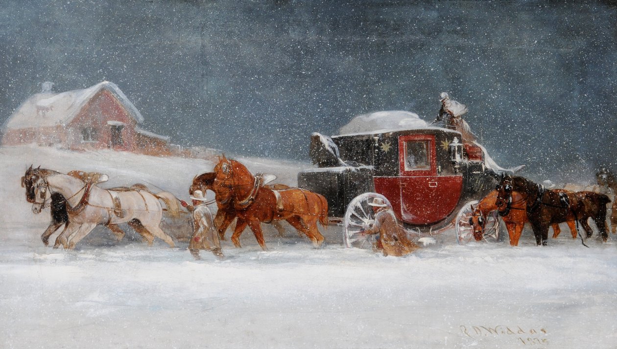 Koets in een sneeuwstorm door Richard Dodd Widdas