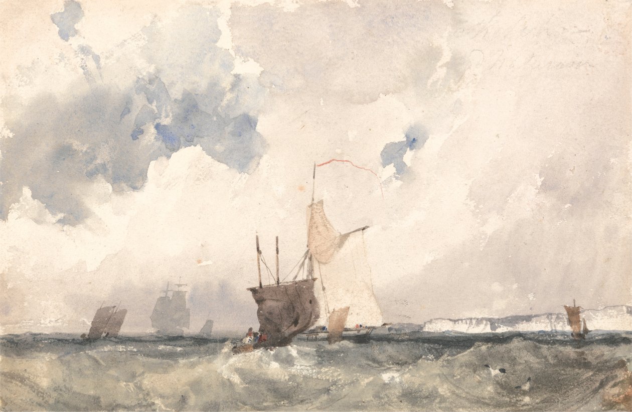 Schepen in een Woelige Zee door Richard Parkes Bonington