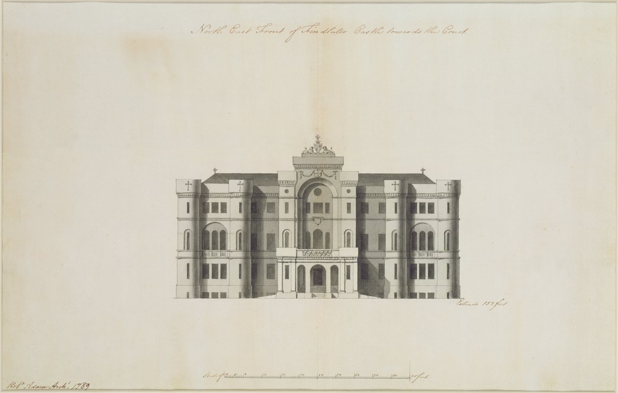 Een Onuitgevoerd Ontwerp voor de Noordoostelijke Voorzijde van Findlater Castle, voor de Graaf van Seafield, 1789 door Robert Adam