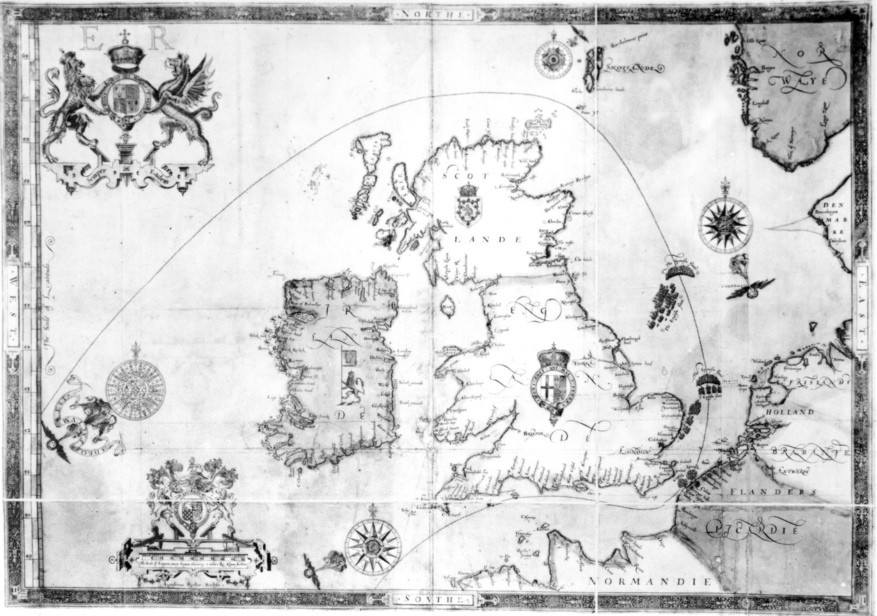 Kaart met de route van de Armada-vloot, gegraveerd door Augustine Ryther, 1588 door Robert Adams