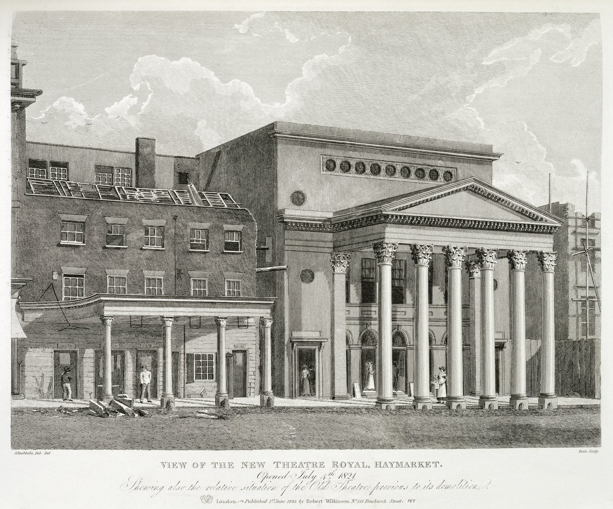 Uitzicht op het Nieuwe Theatre Royal, Haymarket, in Londen, Geopend op 4 juli 1821, met ook de Relatieve Situatie van het Oude Theater voor de Sloop, gegraveerd door Dale, 1822 door Robert Blemell after Schnebbelie
