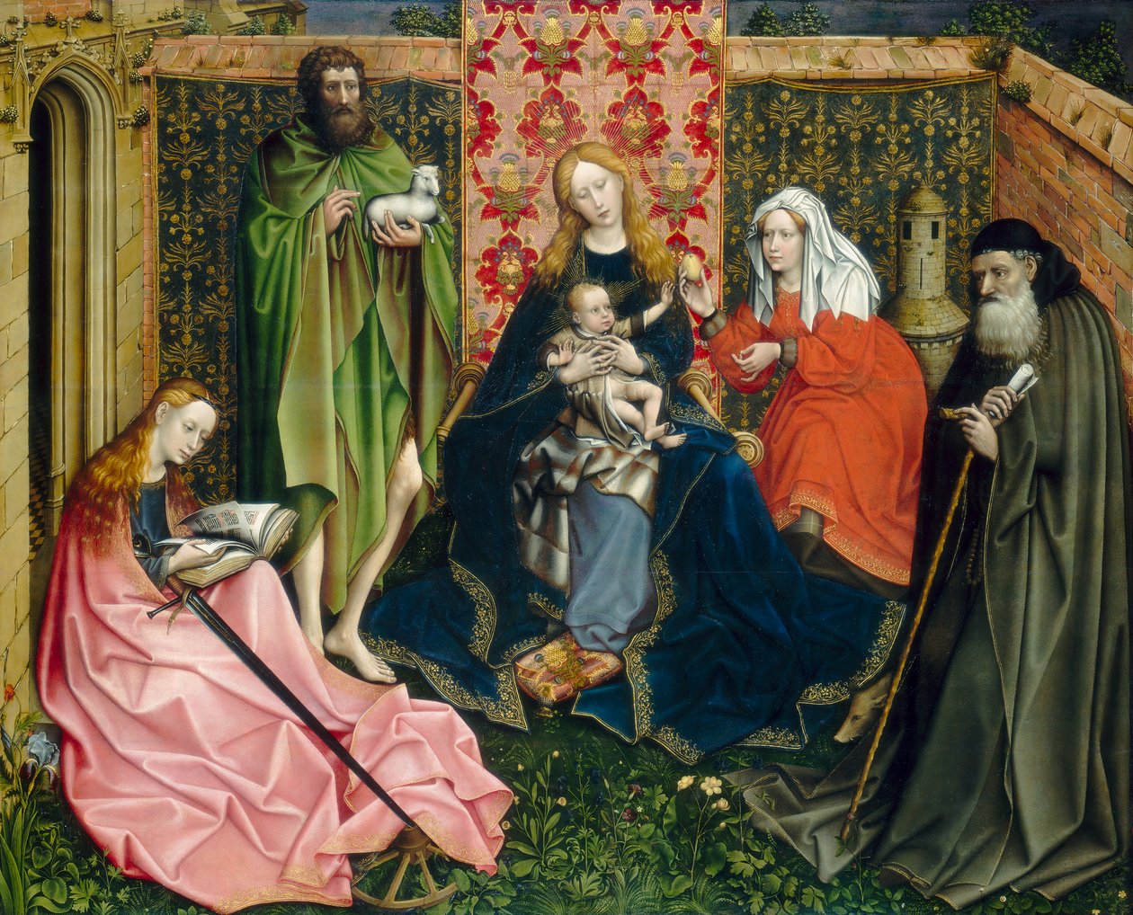 Madonna en Kind met Heiligen in de omheinde tuin door Robert Campin