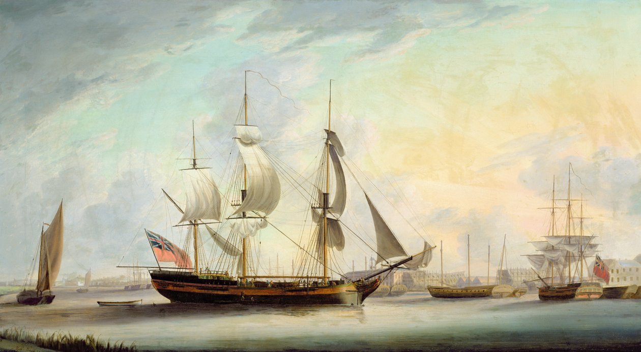 Schepen in de Theems bij Deptford, 1789 door Robert Dodd