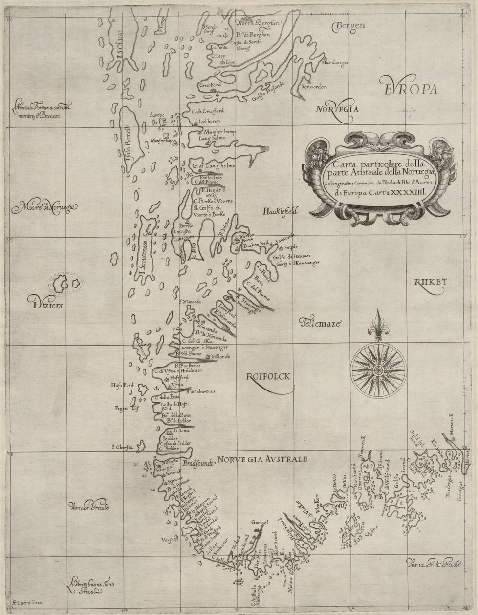 Kaart van de Nationale Bibliotheek Kaartencollectie. De kaart is uitgegeven in (ca. 1647) en toont Zuid-Noorwegen, kust, zeekaart door Robert Dudley