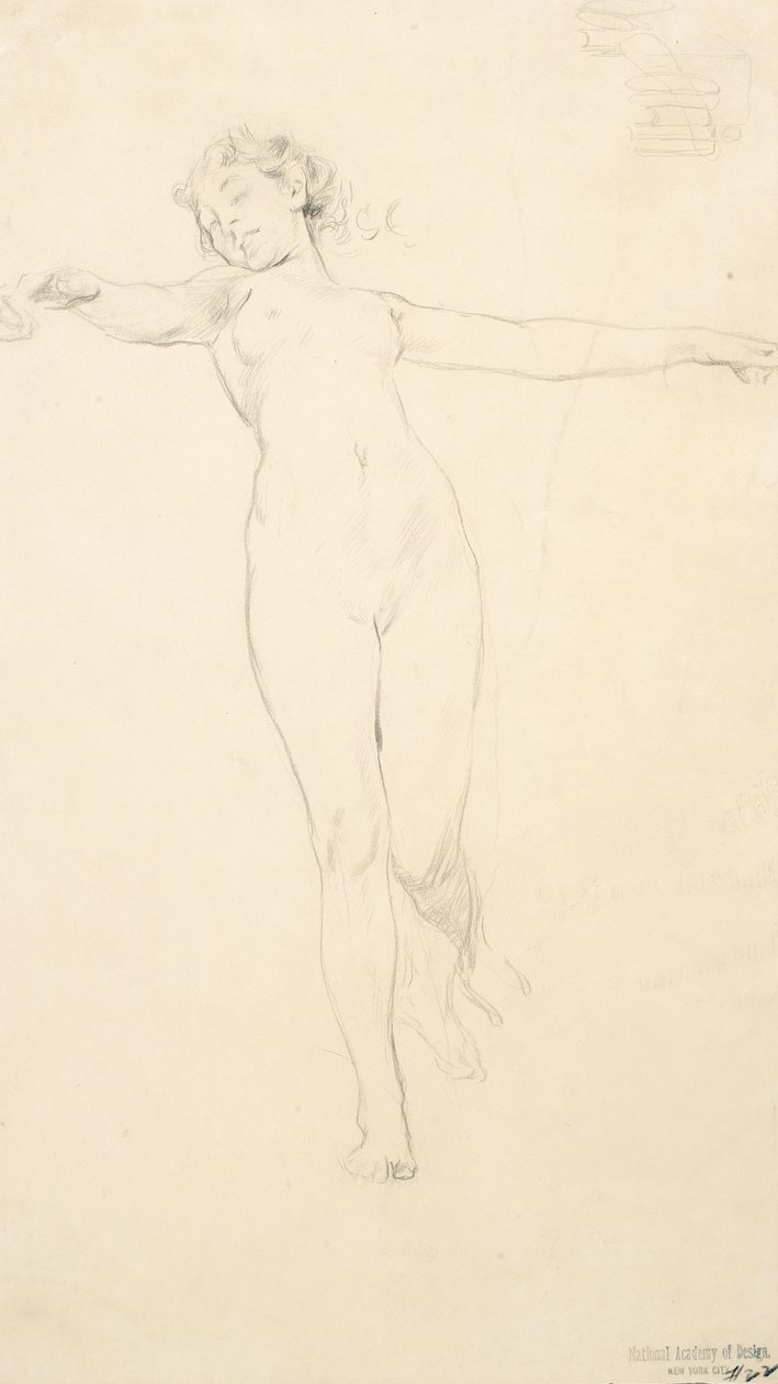 Schets van staand vrouwelijk naakt, mogelijk voor Moods to Music muurschildering, 1893-95 (grafiet op buff papier) door Robert Frederick Blum