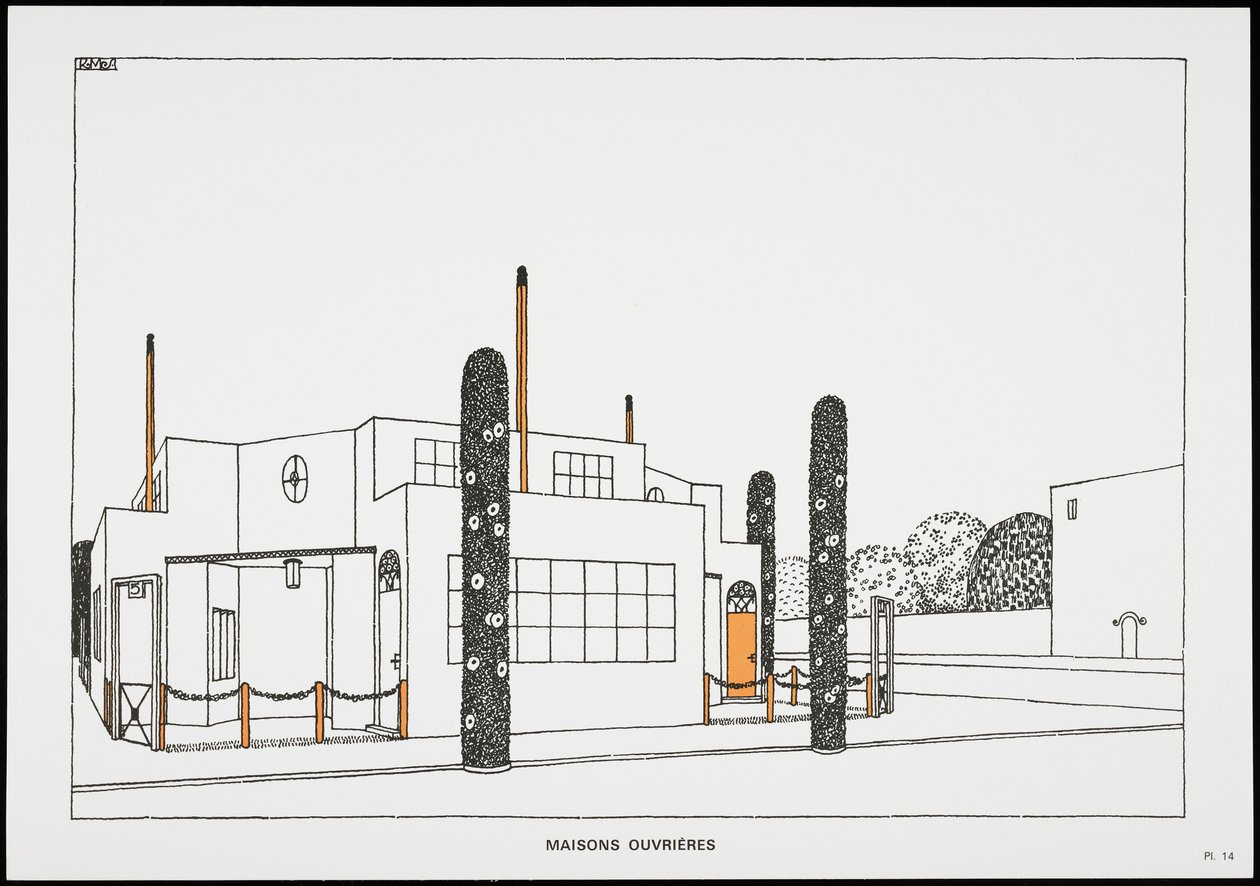 Arbeidershuizen, uit Une Cite Moderne, Dessins de Rob Mallet-Stevens Architecte, 1987 door Robert Mallet Stevens