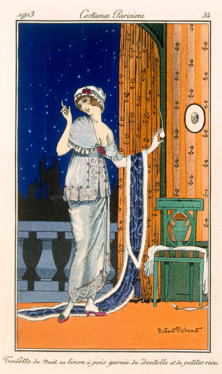 Gestippelde nachtjapon met kant en mini-rozen, 1914 door Robert Pichenot