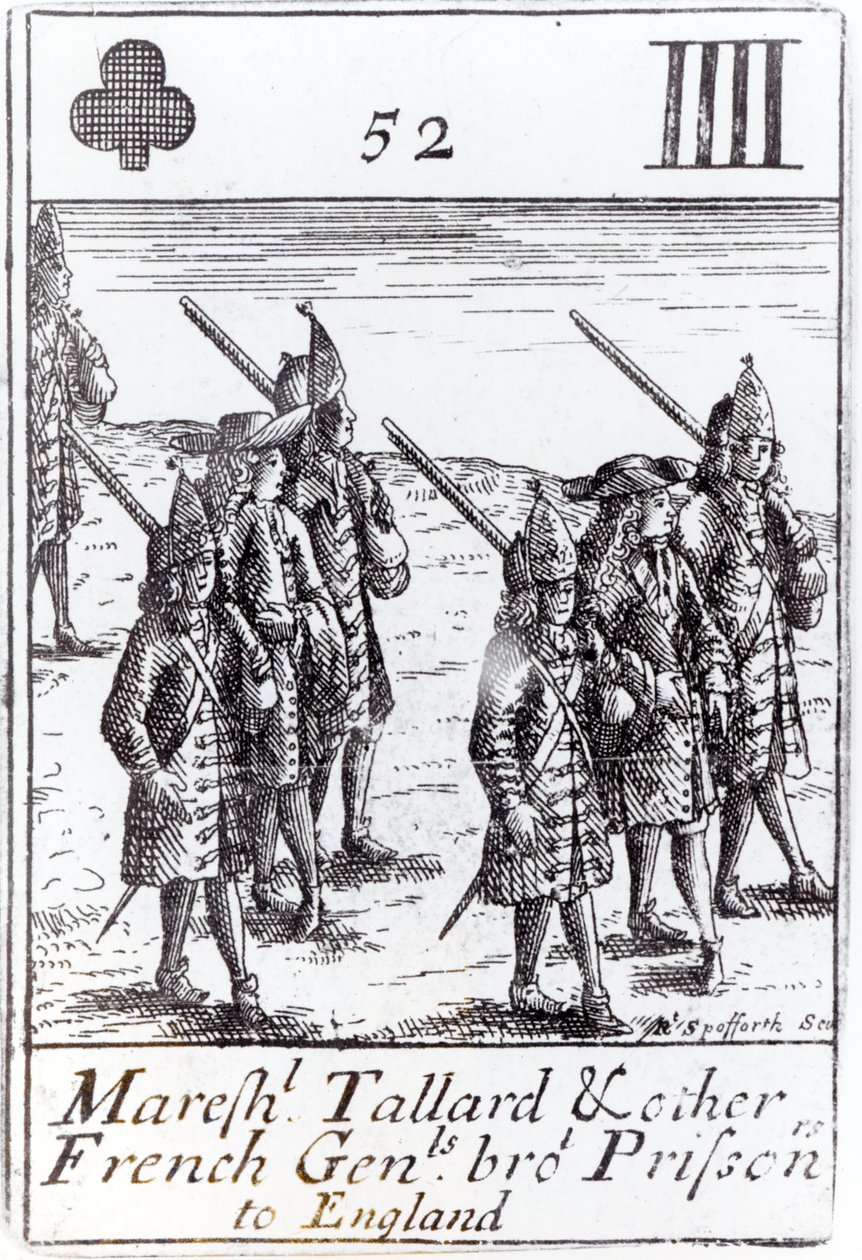 Maarschalk Tallard en andere Franse generaals als gevangenen naar Engeland gebracht, vier klaveren speelkaart uit een set ter herdenking van de Spaanse Successieoorlog (1702-13) door Robert Spofforth