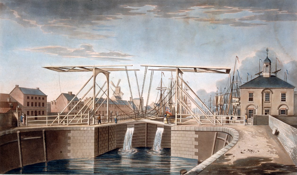 Basculebrug en Nieuwe Docks in Kingston-upon-Hull, Yorkshire, 1786 door Robert Thew