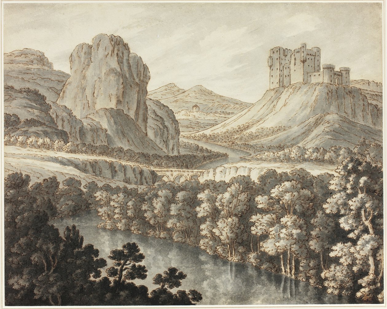 Een romantisch landschap met een vervallen kasteel door Robert Adam