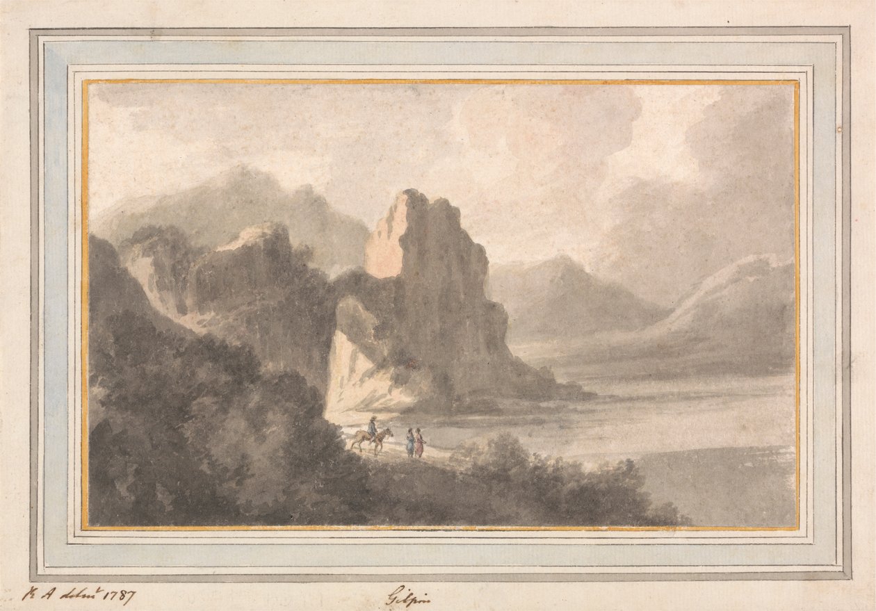 Figuren in een rotsachtig romantisch landschap door Robert Adam