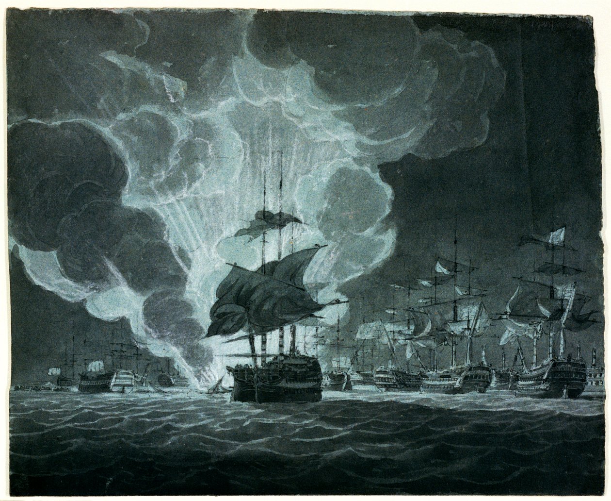 Vloot met een brandend schip door Robert Cleveley