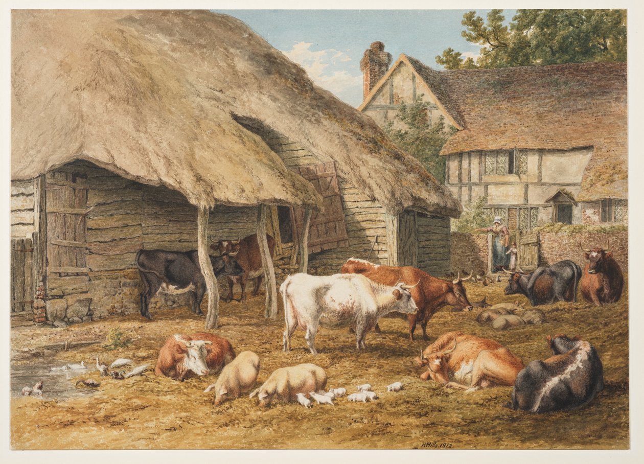 Een boerenerf scène met vee en varkens door Robert Hills
